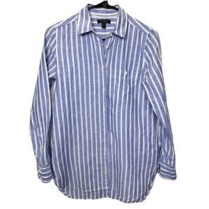 J.Crew Button Down Shirt Women’s Sz 0 Linen Blend Blue Stripe Coastal Boy Shirt